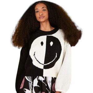 Farm Rio x Smiley Icon Pullover Sweater Size XL Yin Yang Novelty Colorblock Crop